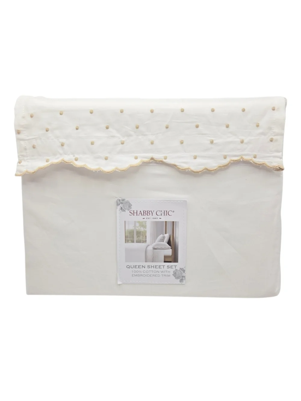 Shabby Chic 4pc White Cotton Queen Sheet Set Embroidered Scalloped Tan Polka Dot